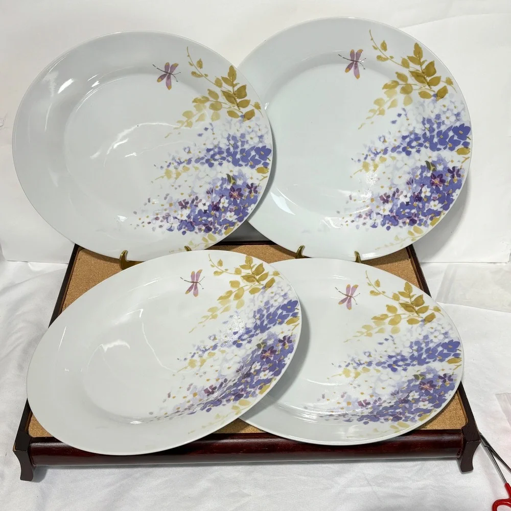 Gibson Everyday Wisteria Dragonfly Dinner Plates Set of 4 Purple Floral 90s